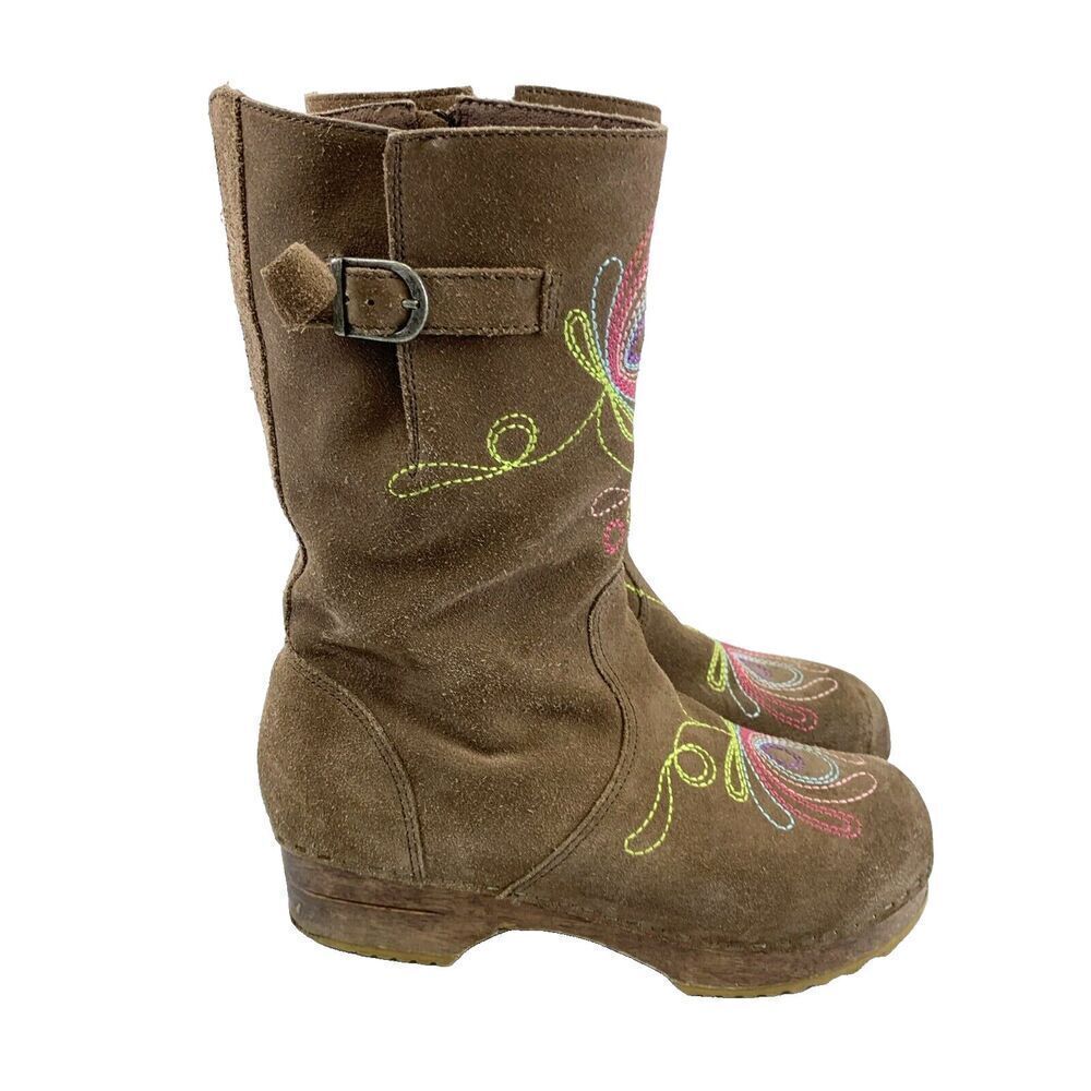 Hanna Andersson Brown Suede Mid Boot Zip Multi Embroidered Wooden Youth 38 5.5-6